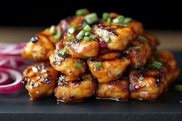 Glazed Sticky Chicken Bites with Chives on Slate Platter for Food Photography