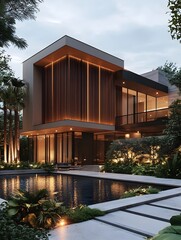 Fototapeta premium A striking modern mansion with vertical wood slats, an infinity pool, and soft landscape lighting.