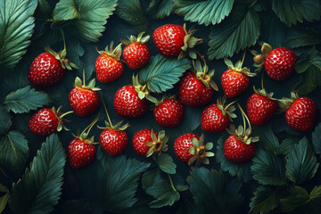 Vibrant red strawberries rest against soft, muted background in a repeating pattern, creating a visually appealing wallpaper design.