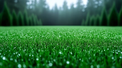 Naklejka premium Dew-Kissed Green Grass Field, Forest Background