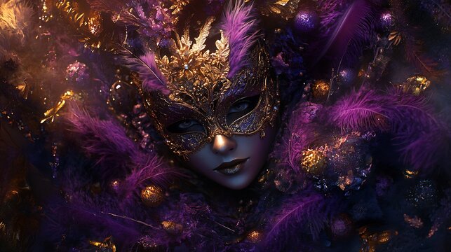 Mysterious Masked Figure Bathed in Rich Purple and Gold Light. AI Generated