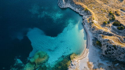 Obraz premium Aerial View Secluded Turquoise Cove Beach Summer Sunlight Rocks sea blue sand calm ocean water coast