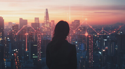 Abstract business woman stands on Smart digital Innovation city with connection network reciprocity over the twilight cityscape. of future wireless digital city and social media networking systems