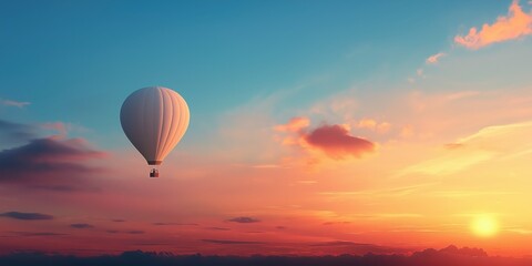 A beautiful sunrise landscape with a white hot air balloon in the sky