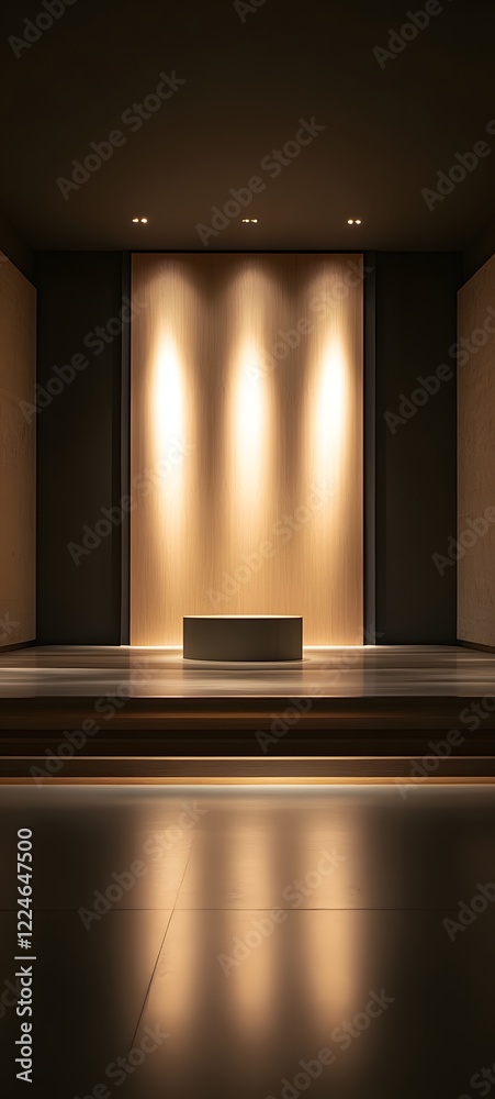 Wall mural a podium in front of an empty art gallery, illuminated by subtle spotlighting with dark walls and a 