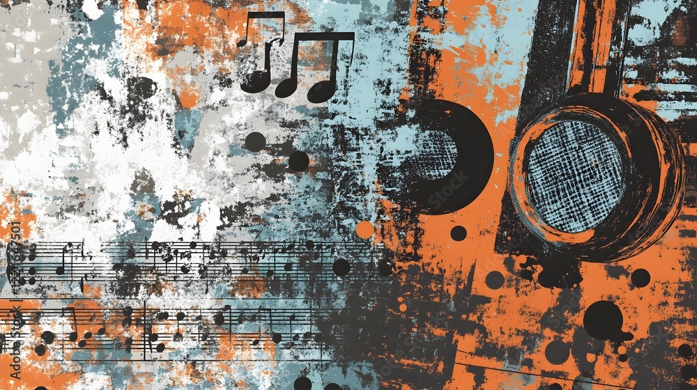 Poster vibrant grungy abstract art with musical elements and distressed textures