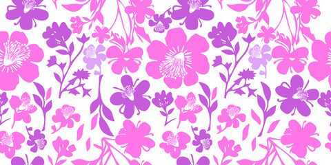 Seamless background pink and purple simple flat flowers. hand drawing. Not AI, Vector illustration.