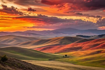 Fototapeta premium Fiery Abstract Watercolor Landscape: Sunset Blaze Over Rolling Hills