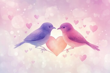 Two birds in a minimalist, modern style illustration and a heart in between them.