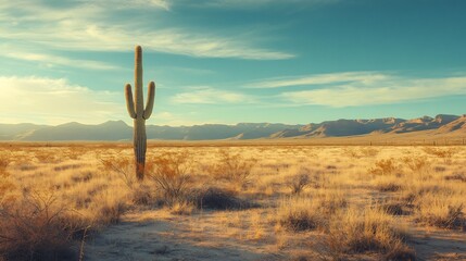 Lone Cactus Stands Tall Golden Desert Sunset. AI Generated