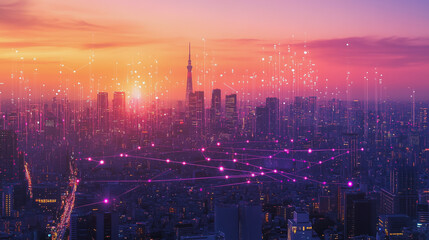 Fototapeta premium Abstract business woman stands on Smart digital Innovation city with connection network reciprocity over the twilight cityscape. of future wireless digital city and social media networking systems