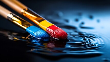Obraz premium Artistic Paintbrushes in Vibrant Hues Reflecting on Dark Water