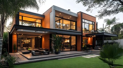 A stylish urban loft house with a rooftop terrace, sleek metal finishes, and exposed brick details.