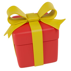 Stylized red gift box with yellow ribbon. Isolated on transparent background