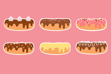Collection stickers of eclairs pastries desserts hand drawn