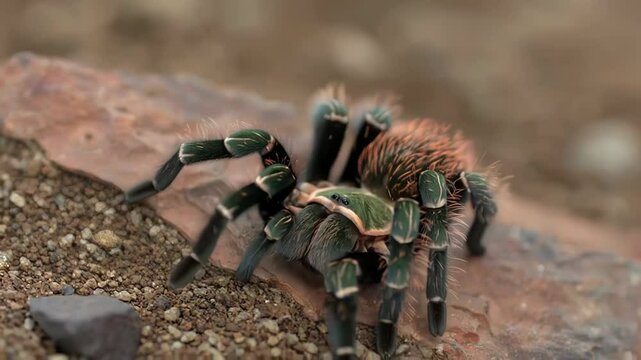 Greenbottle blue tarantula crawling on rock