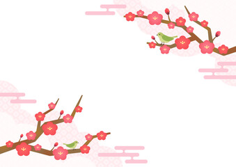 和風デザインの梅の花と鶯のイラスト背景素材