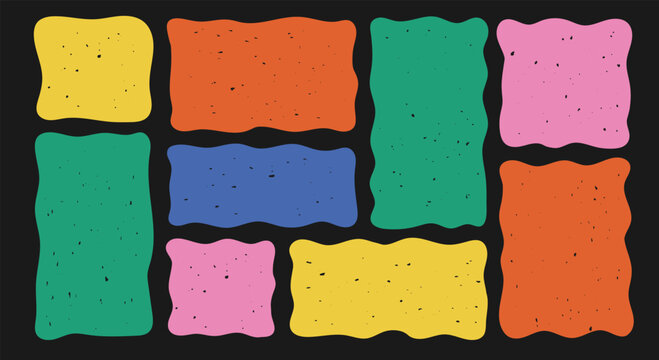 Set of multicolored curve rectangle shape with texture. Drawing organic blank background. Color wavy bubble blobs. Textbox in doodle and hand drawn style.