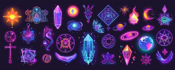 Mystical vector elements featuring neon celestial and cosmic symbols.