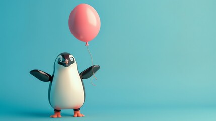 Obraz premium A cartoon penguin stands on a blue background, holding a pink balloon.
