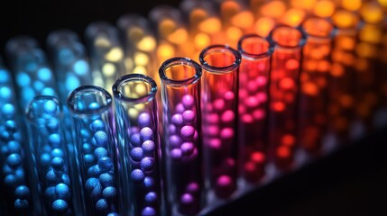 Colorful spheres in test tubes, science research.