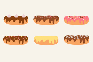 Collection of eclairs pastries French cuisine desserts hand drawn