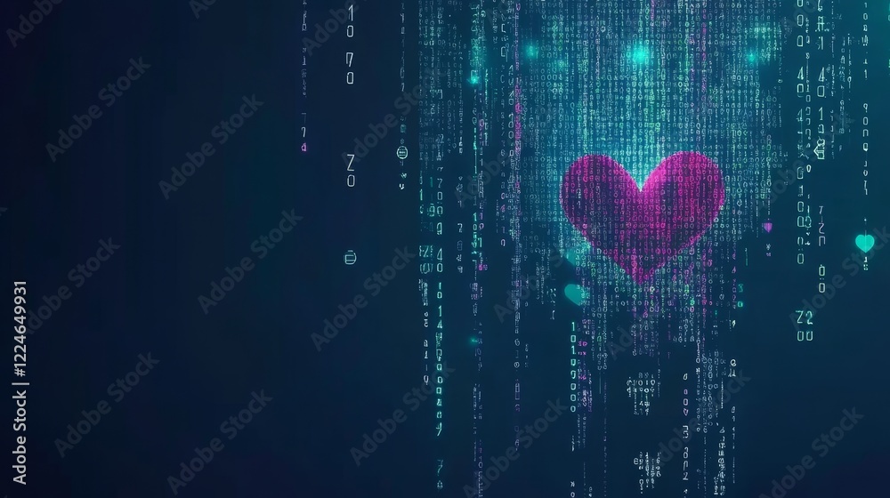 Poster digital heart formed from binary code stream