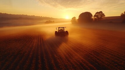 Tractor plowing field at sunrise creating dust and mist in golden light