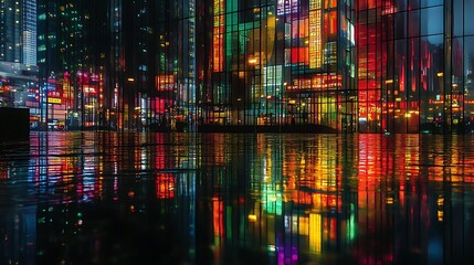 Fototapeta premium City reflection on wet ground at night, urban backdrop