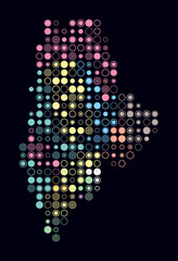 Maine, shape of the state built of colored cells. Digital style map of Maine on a dark background. Large size circle blocks. Simple vector illustration.