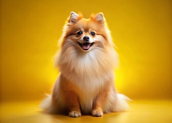 Obraz premium Fluffy Pomeranian Dog Posing Against Vibrant Yellow Background - Adorable Puppy Stock Photo