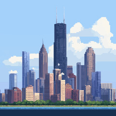 Obraz premium Vector cityscape with skyscrapers and skyline in a pixel art style.