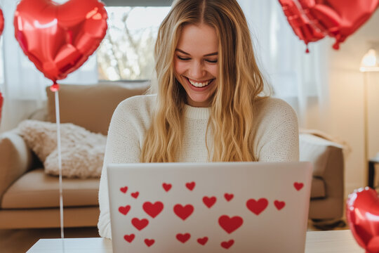 valentines, day, home, remote, laptop, love, greeting, gift, social, distancing, treat, heart, virtual, female, winter, video, internet, family, party, girl, celebration, communication, lifestyle, hol