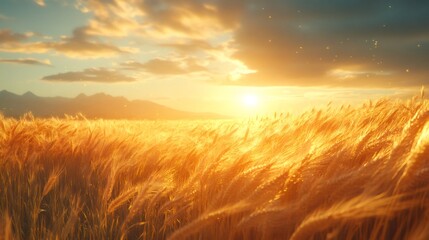 Golden wheat field swaying in the sunset breeze with mountains in background