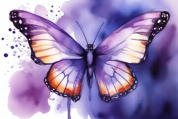 Butterfly on a violet background, expressive watercolor with splashes and streaks