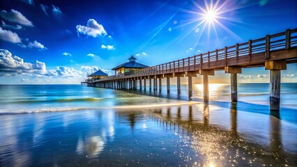 Fototapeta premium Fort Myers Beach Pier, Florida: Stunning Vertical Photo with Bokeh Ocean & Blue Sky