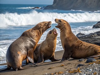 Fototapeta premium Four Stellar Sea Lions Relaxing on a Rocky Outcrop - Candid Wildlife Photo