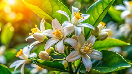 Obraz premium Fragrant Lemon Blossoms: Close-up of White and Yellow Lemon Tree Flowers