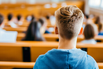 Fototapeta premium A student sitting in a lecture hall, viewed from behind. The focus is on the back of the student's head and shoulders, with blurred classmates in the background. The setting is bright and academic