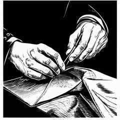 Vector art of tailor's hands sewing fabric in monochrome.