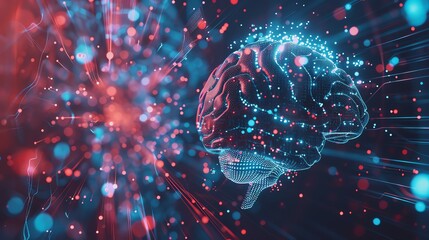 A digital rendering of a human brain with glowing blue and red lines.