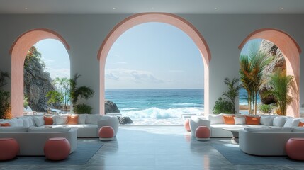 Modern seaside cafe featuring ocean views and vibrant decor for a relaxing getaway