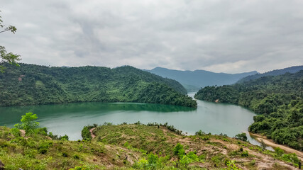 Serene view of a lush green hillside overlooking a tranquil lake under overcast skies, perfect for eco-tourism and nature exploration