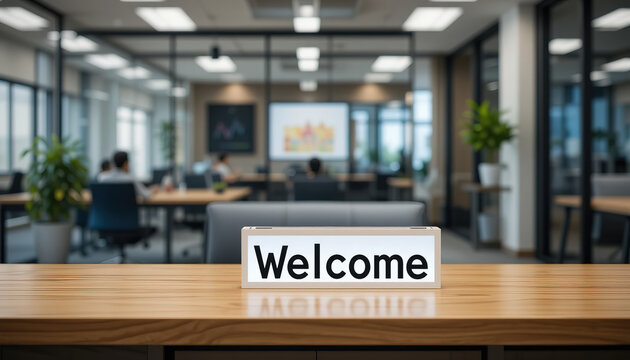 A 'welcome' sign on a desk symbolizes a friendly onboarding process in a modern office, 8k