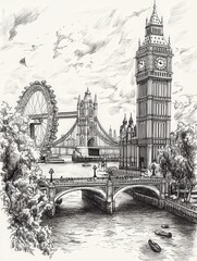 Obraz premium Hand-drawn illustration of London skyline with Big Ben and Tower Bridge
