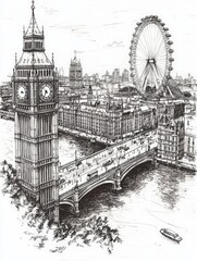 Obraz premium Hand-drawn illustration of London skyline with Big Ben and Tower Bridge