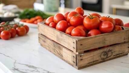 Fresh Ripe Tomatoes in Wooden Box on Marble Background - Stock Photo
