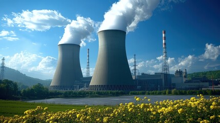 Blue sky backdrop to doel's nuclear plant with cooling towers, nuclear plant featuring cooling towers