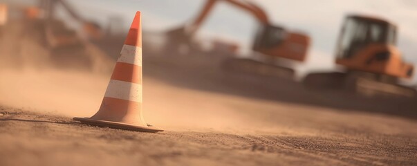 Dusty Construction Zone: A lone traffic cone stands sentinel amidst the blurred chaos of heavy machinery and swirling dust.