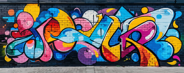 Fototapeta premium Vibrant vector street art mural on urban brick wall.
